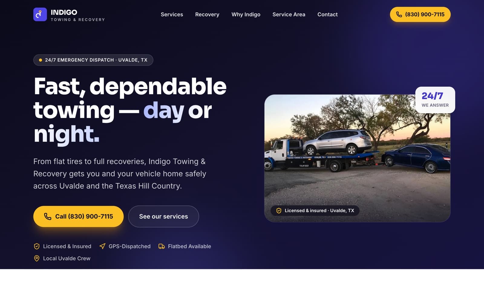 Screenshot of the Indigo Towing & Recovery website